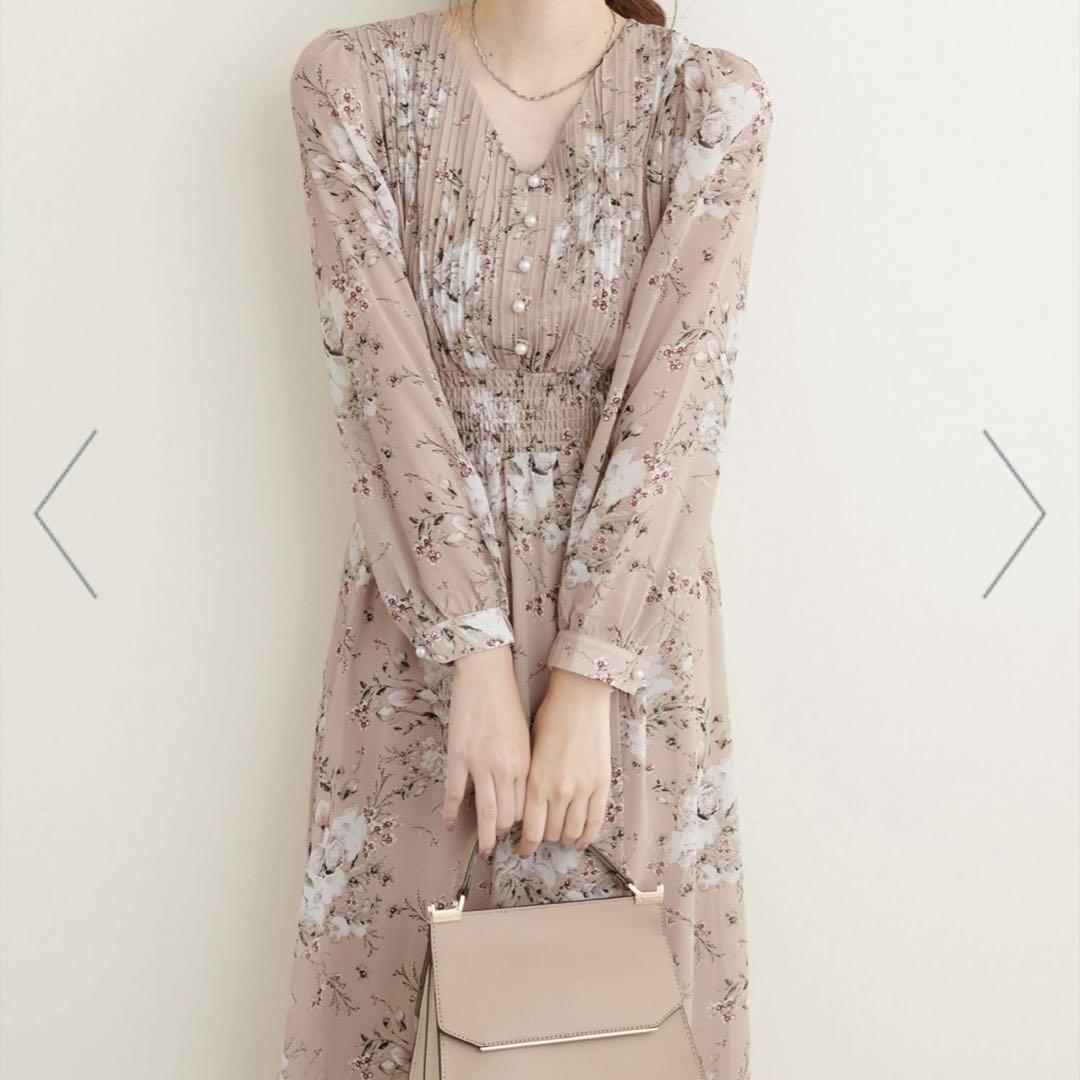 完売品★natural couture ピンタックプリーツお上品ワンピース 花柄