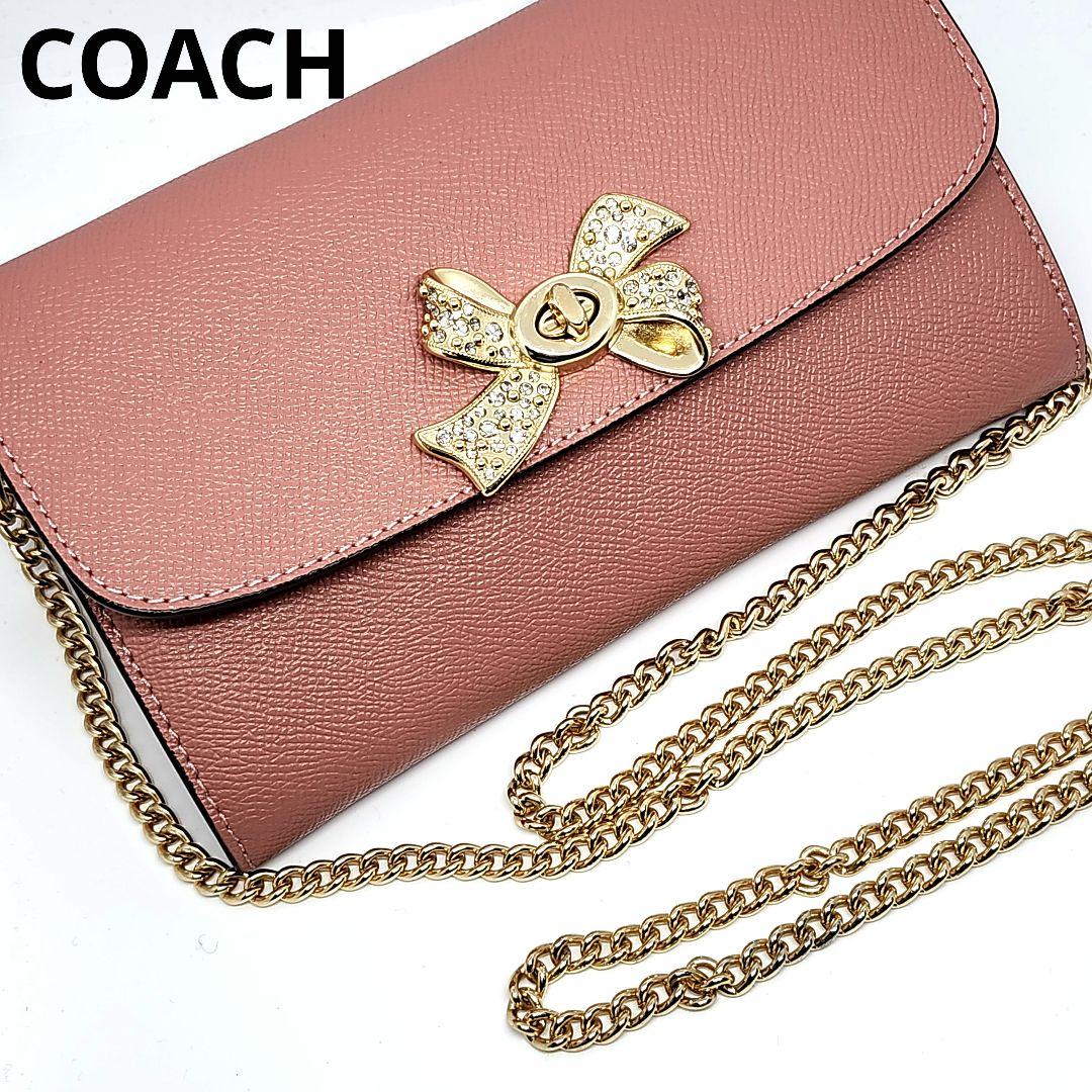 COACH チェーン ショルダーバッグ リボン ラインストーン レザー ピンク