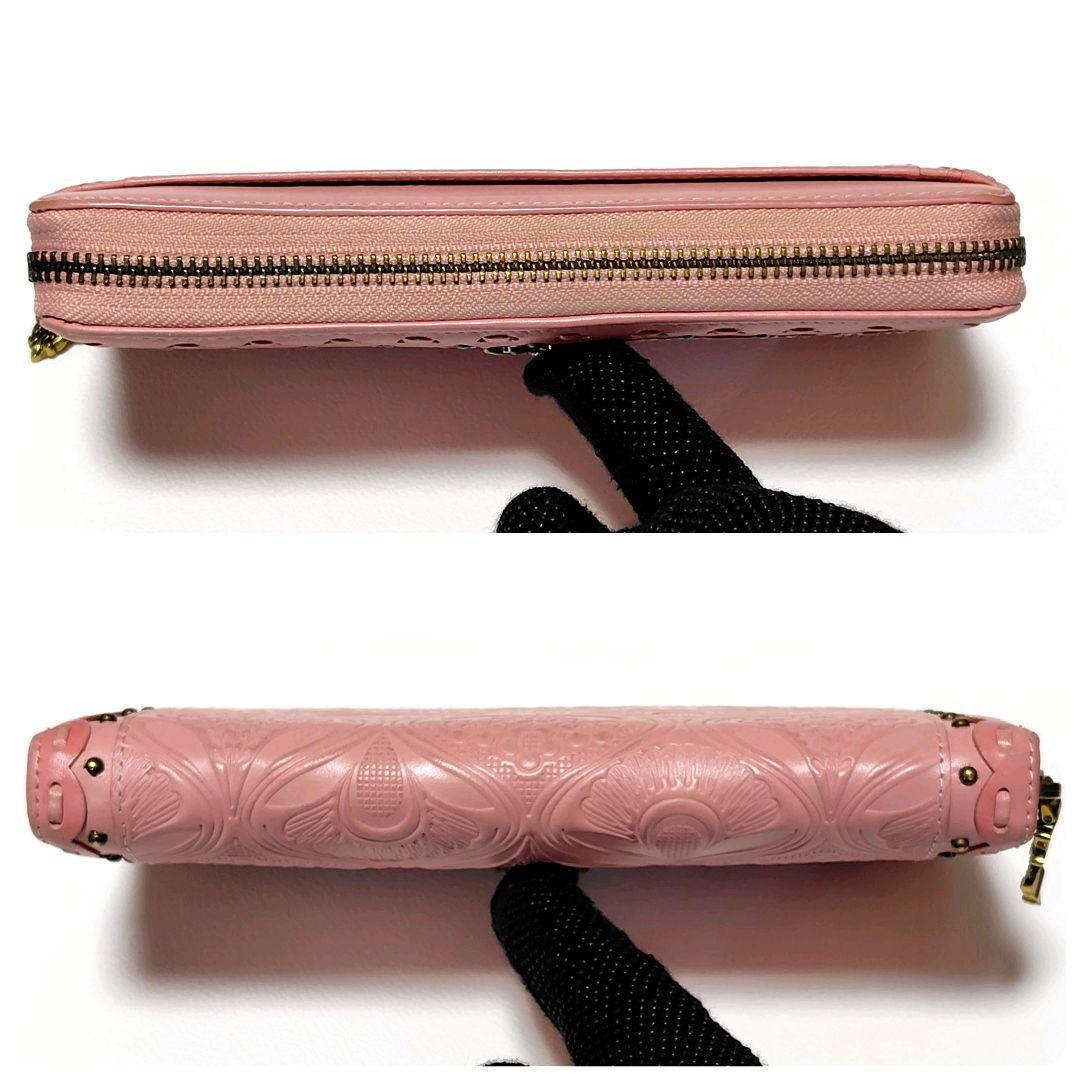 美品✨　アナスイ　長財布　ピンク　ラウンドファスナー　蝶々　型押し　スタッズ
