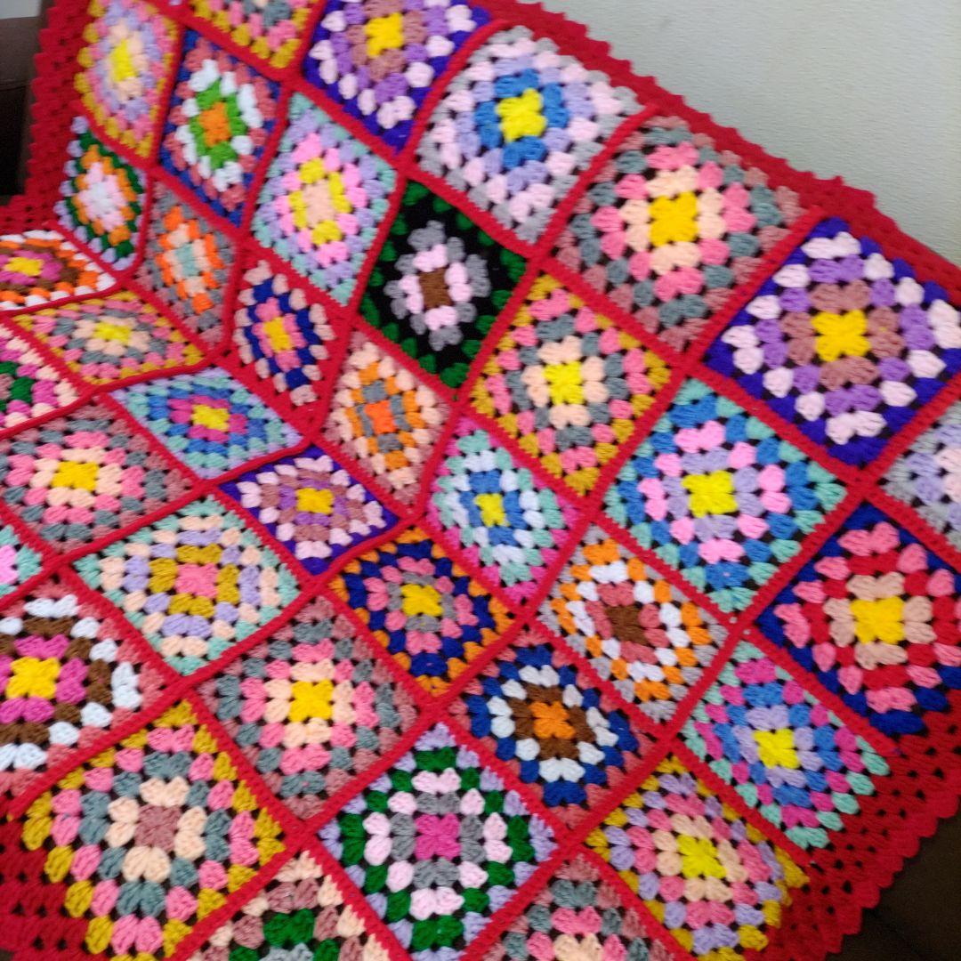 女性に人気! 毛糸スクエア編みプランケット膝掛けハンドメイドMio68