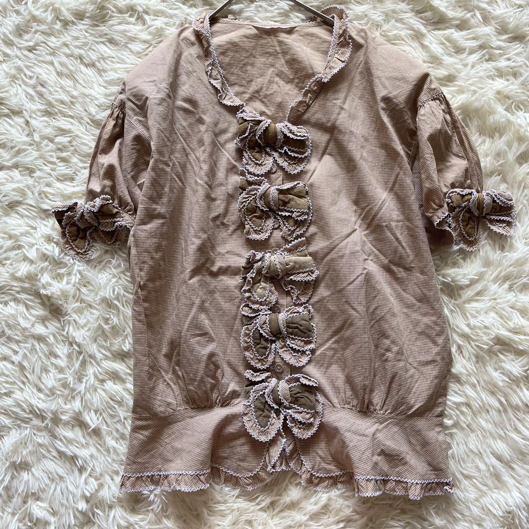 美品✨ワンダフルワールド　リボンいっぱい　ブラウス　チェック柄　レース　フリル
