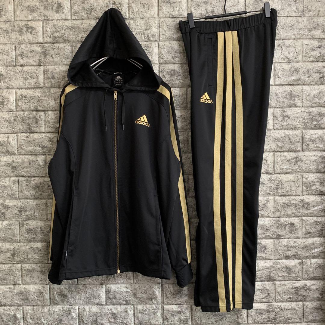 adidas パーカーセットアップ ブラック xゴールド 太ライン
