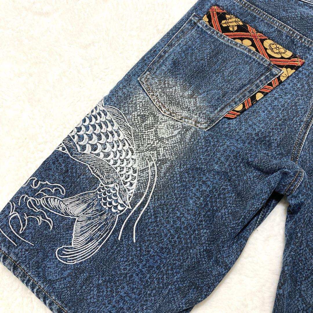 【美品】 絡繰魂 ハーフパンツ ショートパンツ ジーンズ 鯉　刺繍 W34