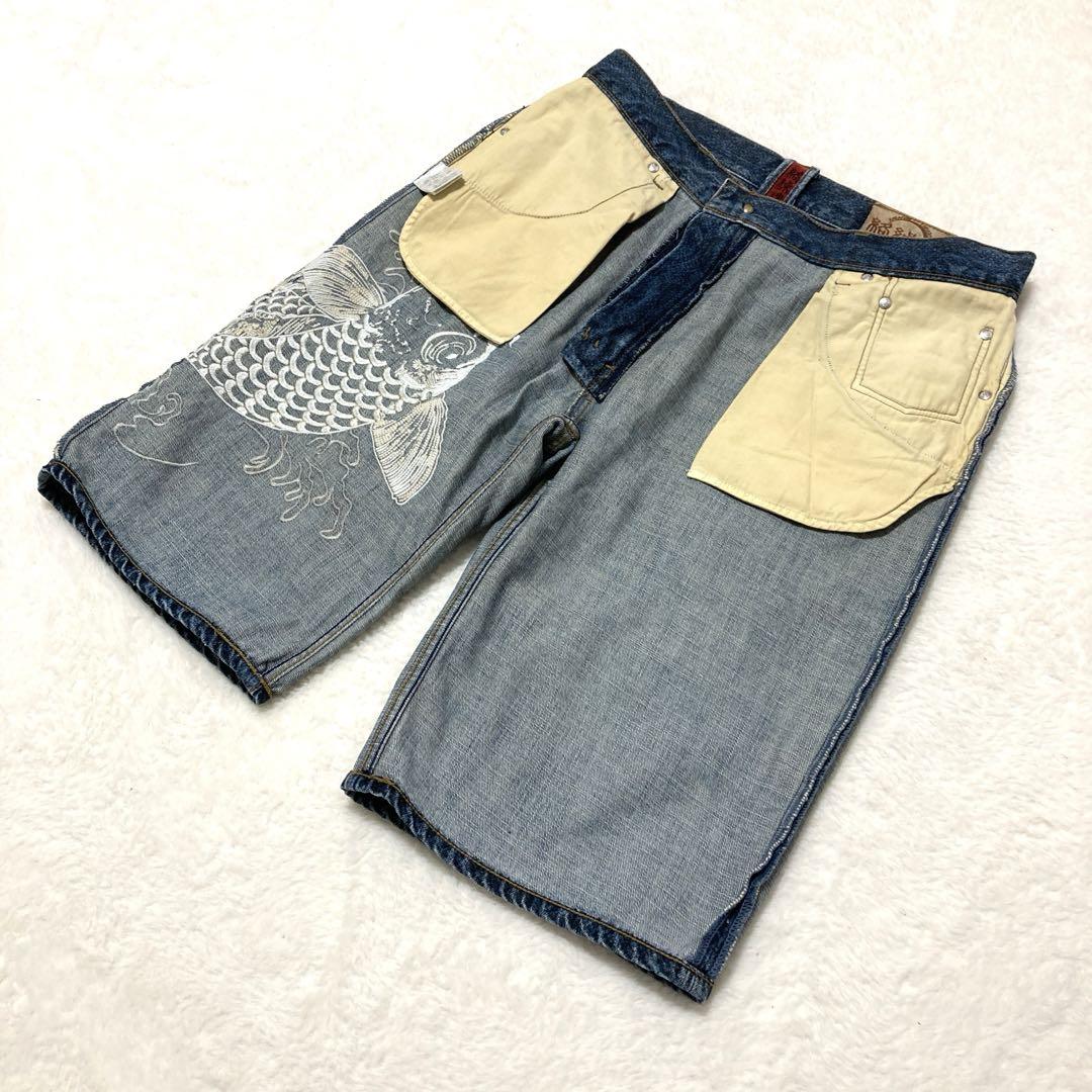【美品】 絡繰魂 ハーフパンツ ショートパンツ ジーンズ 鯉　刺繍 W34