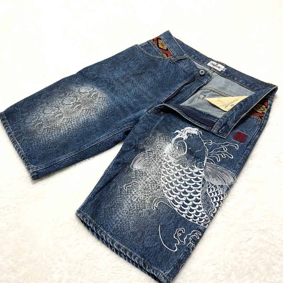 【美品】 絡繰魂 ハーフパンツ ショートパンツ ジーンズ 鯉　刺繍 W34