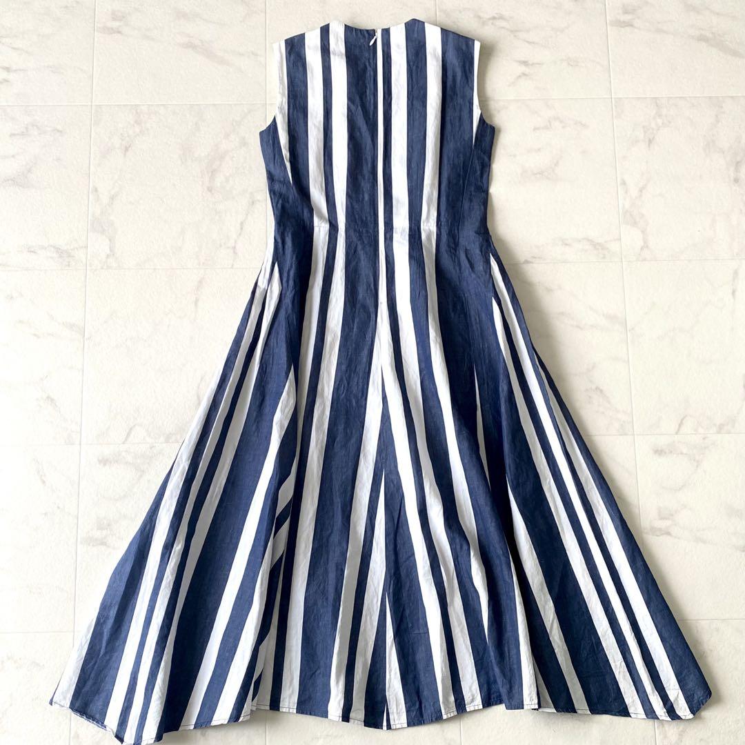 美品.定価4.1万☆ドレステリア 麻 ストライプランダムフレアワンピース 紺×白