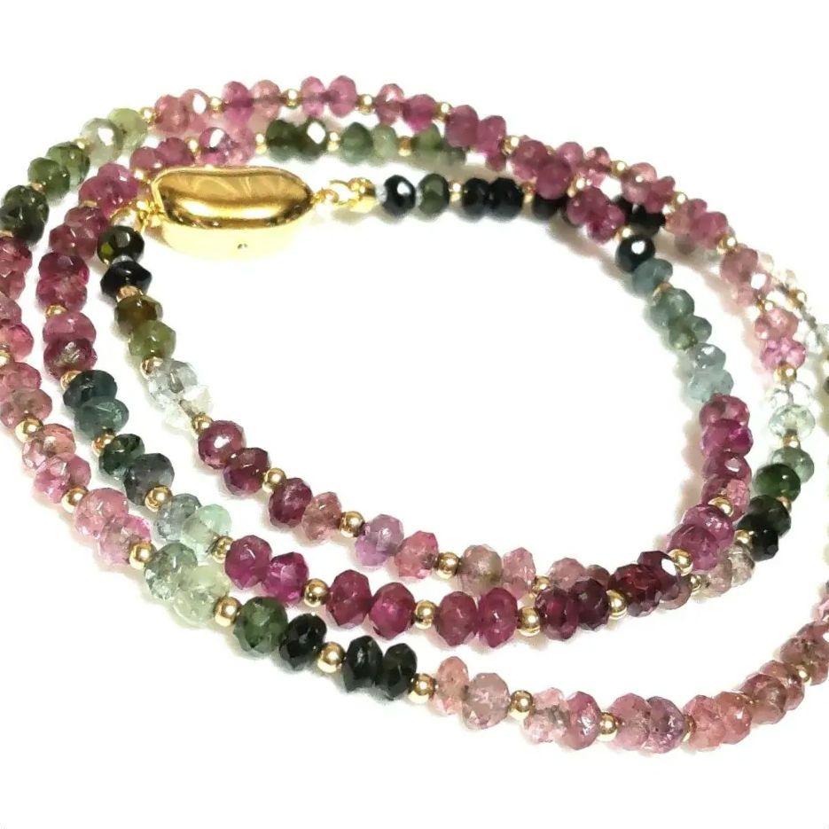 ③美品♡マルチカラー♡トルマリン♡k14ボールが輝く♡セミロングネックレス
