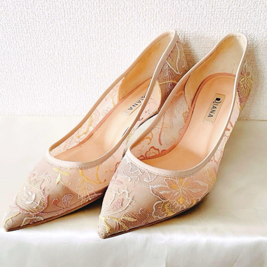 DIANA フラワー刺繍チュールパンプス　ピンクベージュ花柄　大きいサイズ靴