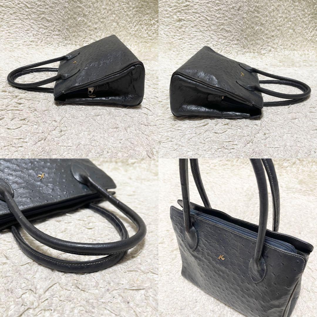 【良品】キタムラ　ハンドバッグ　レザー　オーストリッチ　濃茶系　ロゴ金具 良品】キタムラ ハンドバッグ レザー オーストリッチ 濃茶系