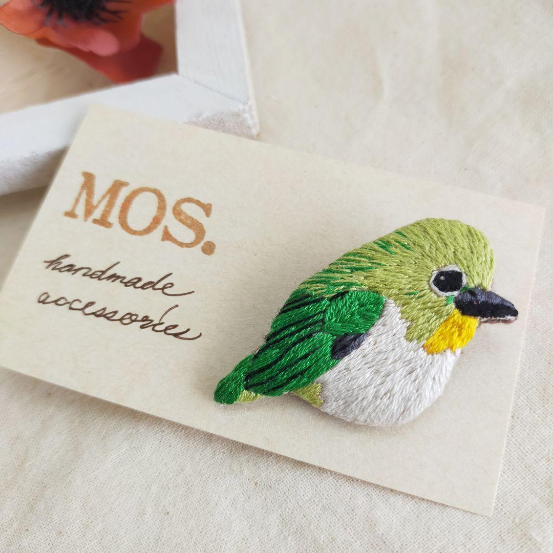 手刺繍ブローチ 鳥 メジロ 画像9