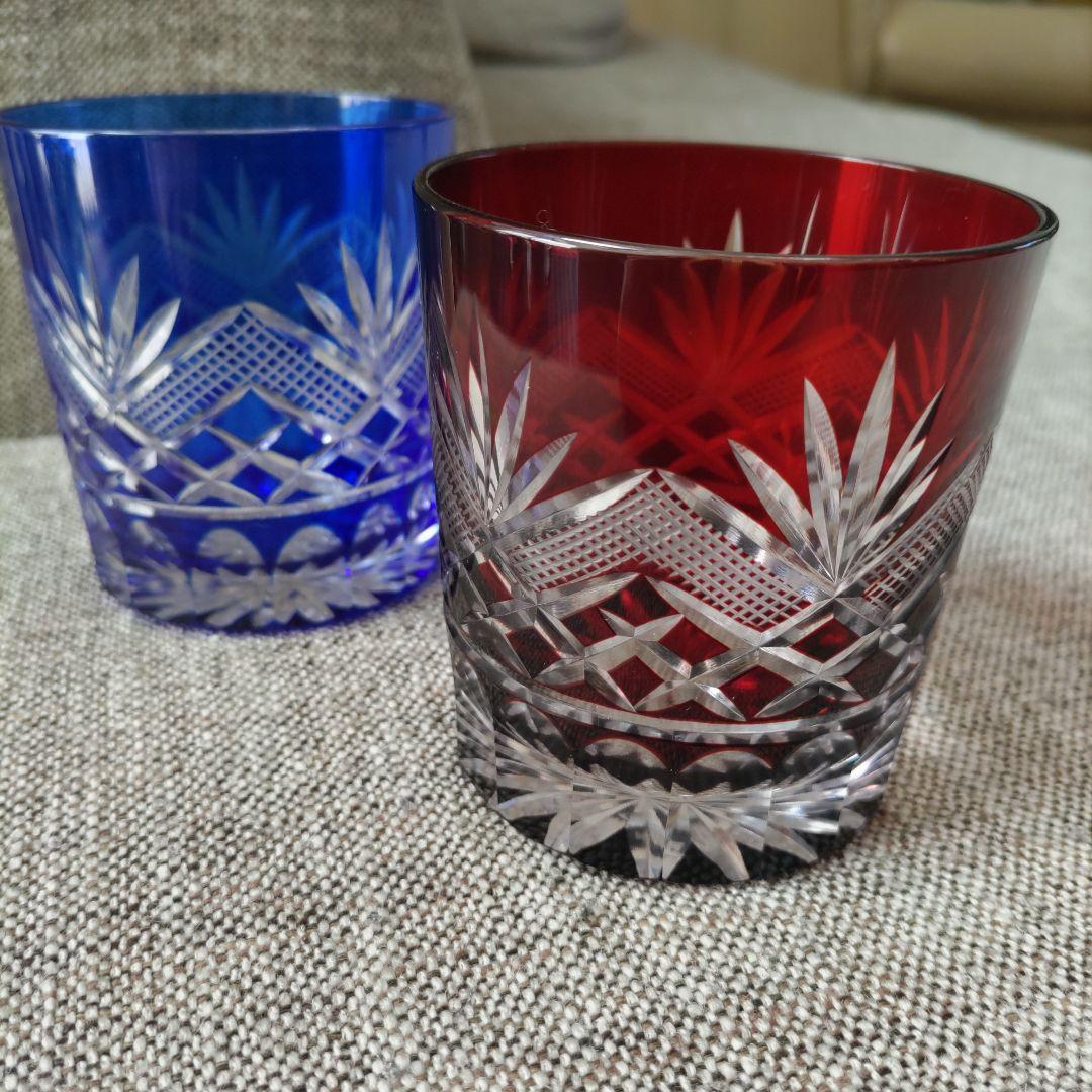 江戸切子カットグラス 青赤セット