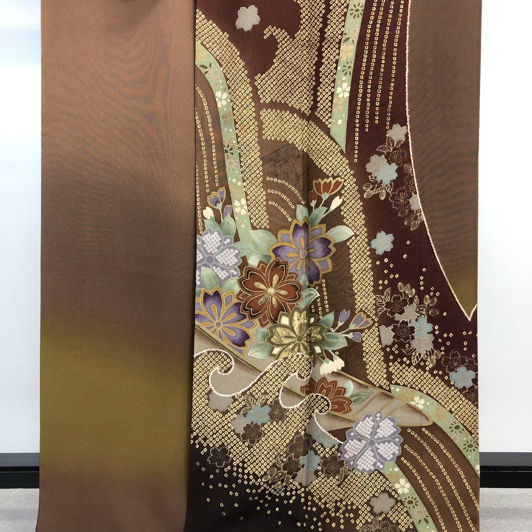 訪問着 作家物 暈し 波模様 花模様 金彩 縮緬 落栗色 KK-1770 訪問着 作家物 暈し 波模様 花模様 金彩 縮緬 落栗色 KK-1770