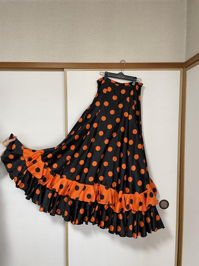 ロングスカート 黒オレンジドット