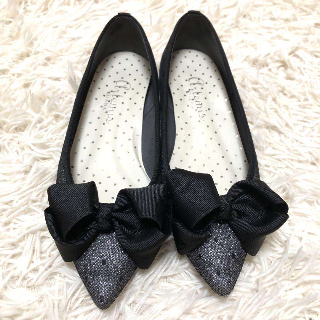 美品✨ダイアナ【23.5】ビックリボンフラットシューズ　ドットエタンラメ　グレー