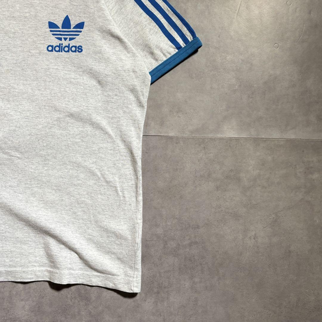 希少 00s adidas リンガー Tシャツ 3ストライプ 短丈 ブルー 青