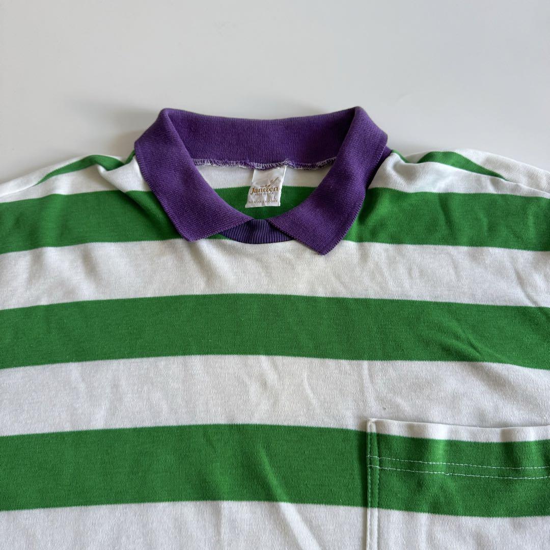 80s Jantzen ヴィンテージ ボーダー ポケットTシャツ 襟付き L