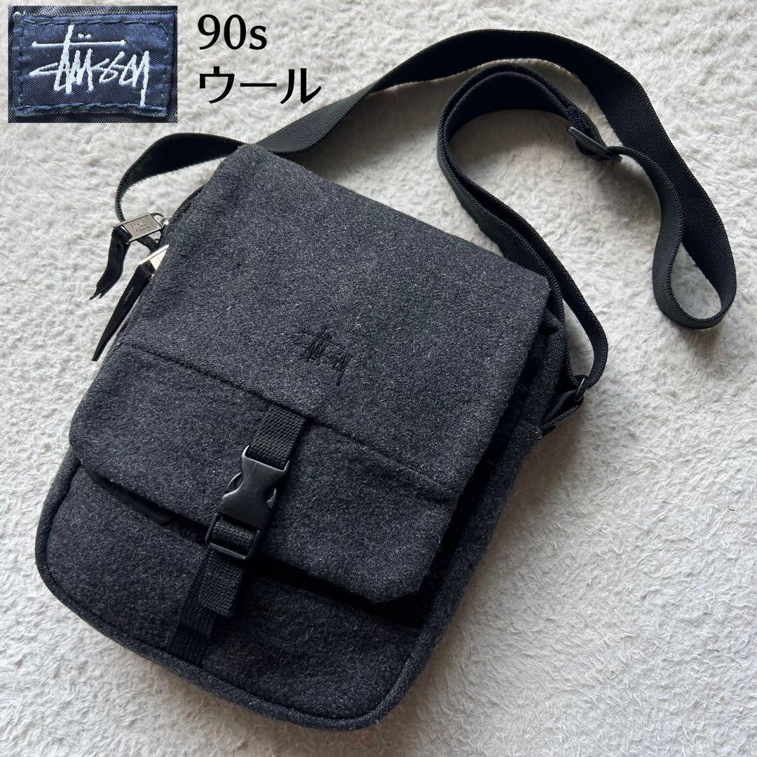 90's OLD STUSSY ウエストバック 90s 美品】old stussy ショルダーバッグ ロゴ刺繍 ウール グレー