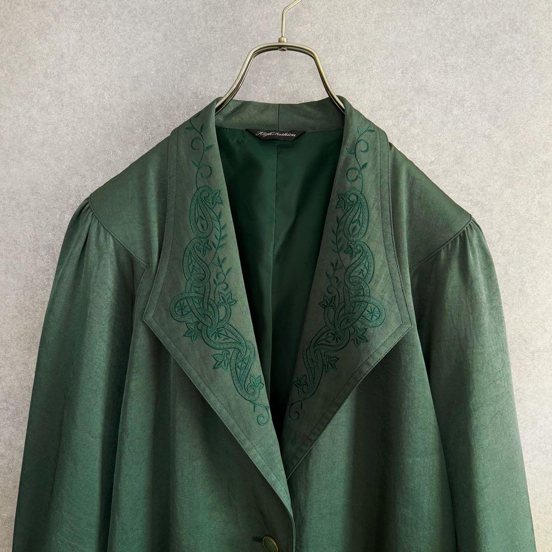 ヴィンテージ レトロ古着 ボタニカル刺繍デザインスプリングコート 緑 薄手