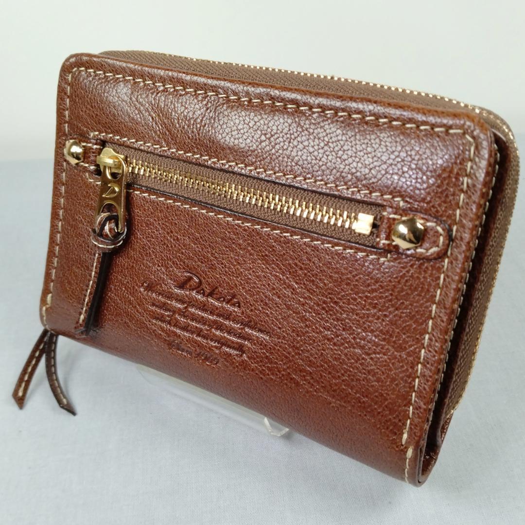 未使用品 ダコタ★2つ折ウォレット 折財布 ファスナー小銭入 本ヤギ革 深茶