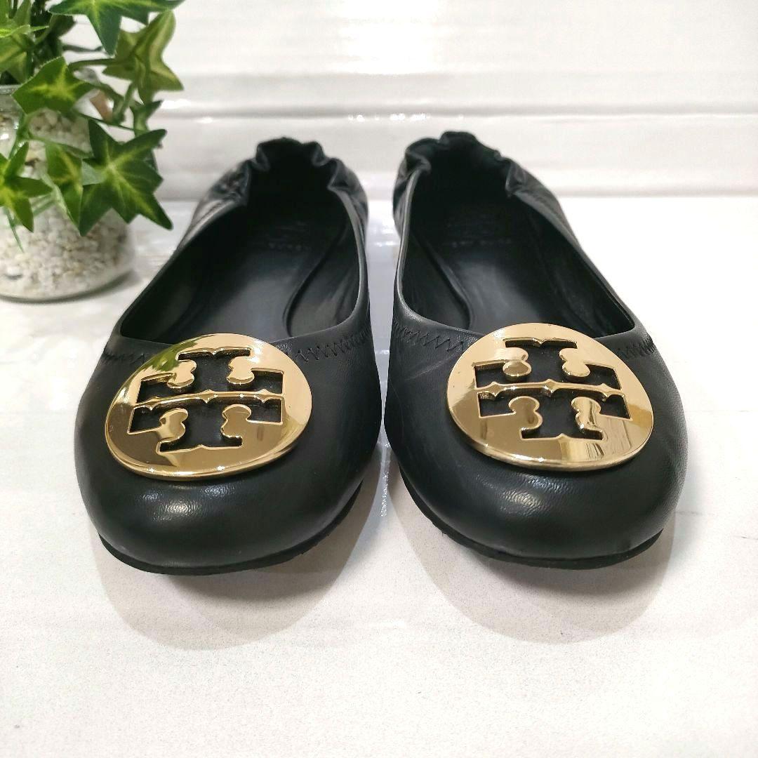極美品 トリーバーチ バレエシューズ フラット パンプス ゴールド ロゴ 黒