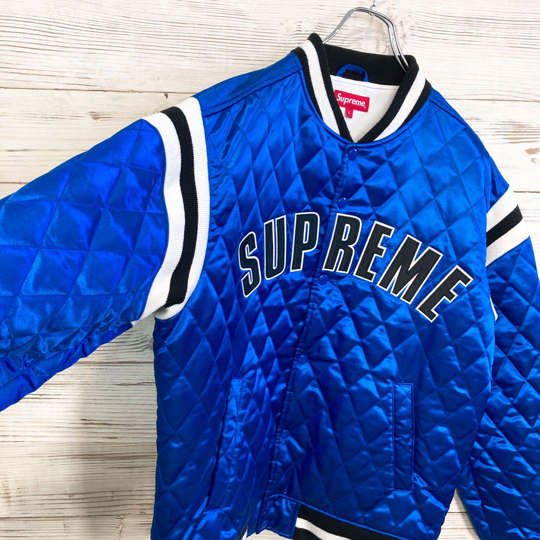 Supreme シュプリーム☆キルティングスタジャン Ｌ 青 刺繍アーチロゴ