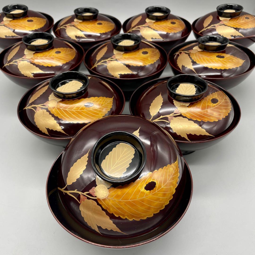 【蒔絵椀　十客　虫食い葉図　吸物椀】漆芸　骨董　アンティーク