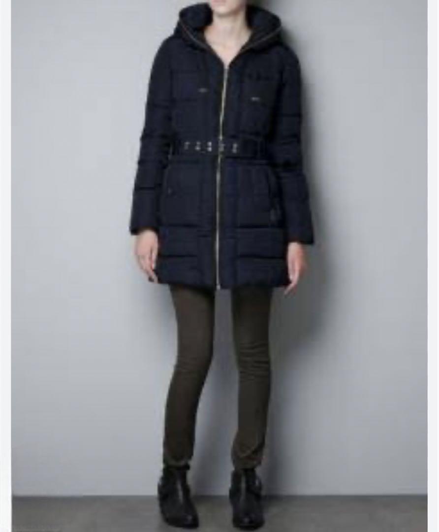 【大人気】ZARA　ザラ　ビックフード　ダウンコート　ベルト　ネイビー