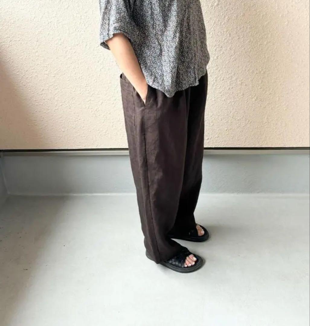 ダークチョコレート色リネン、たほっとワイドサルエルパンツ。ハンドメイド
