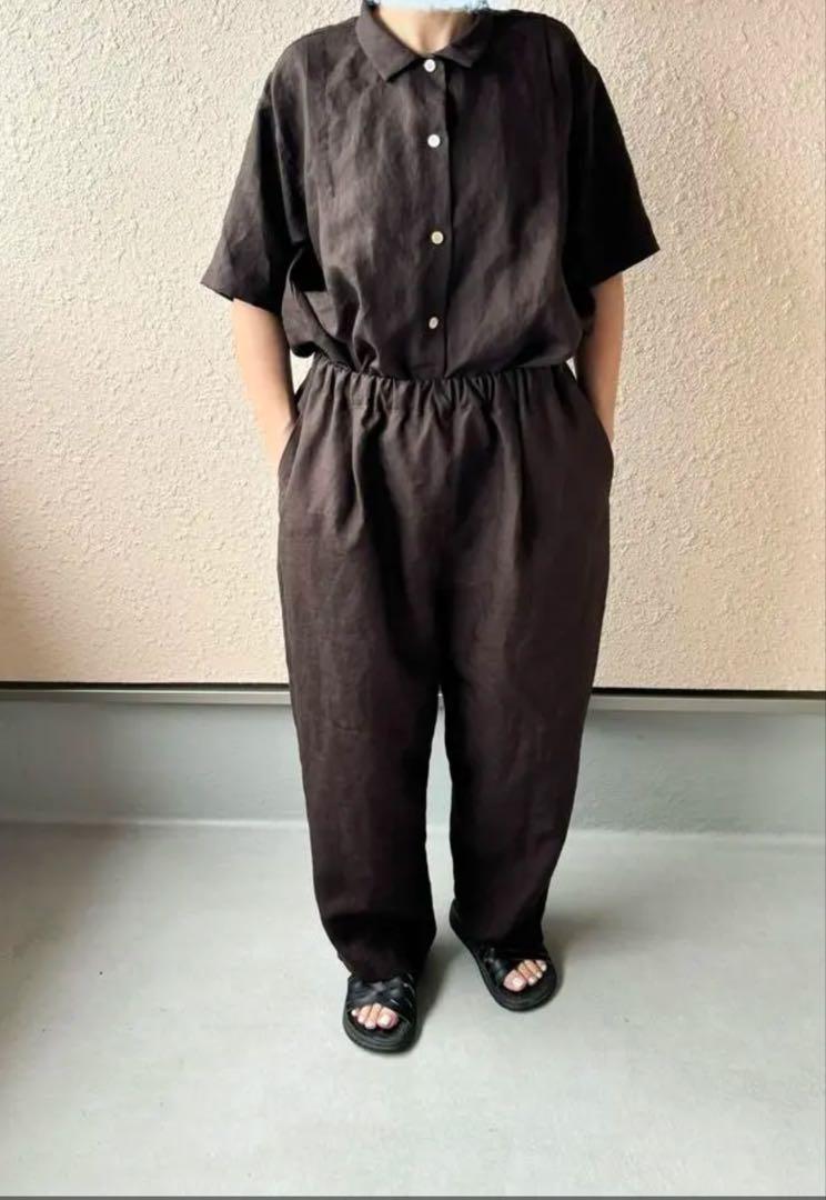 ダークチョコレート色リネン、たほっとワイドサルエルパンツ。ハンドメイド