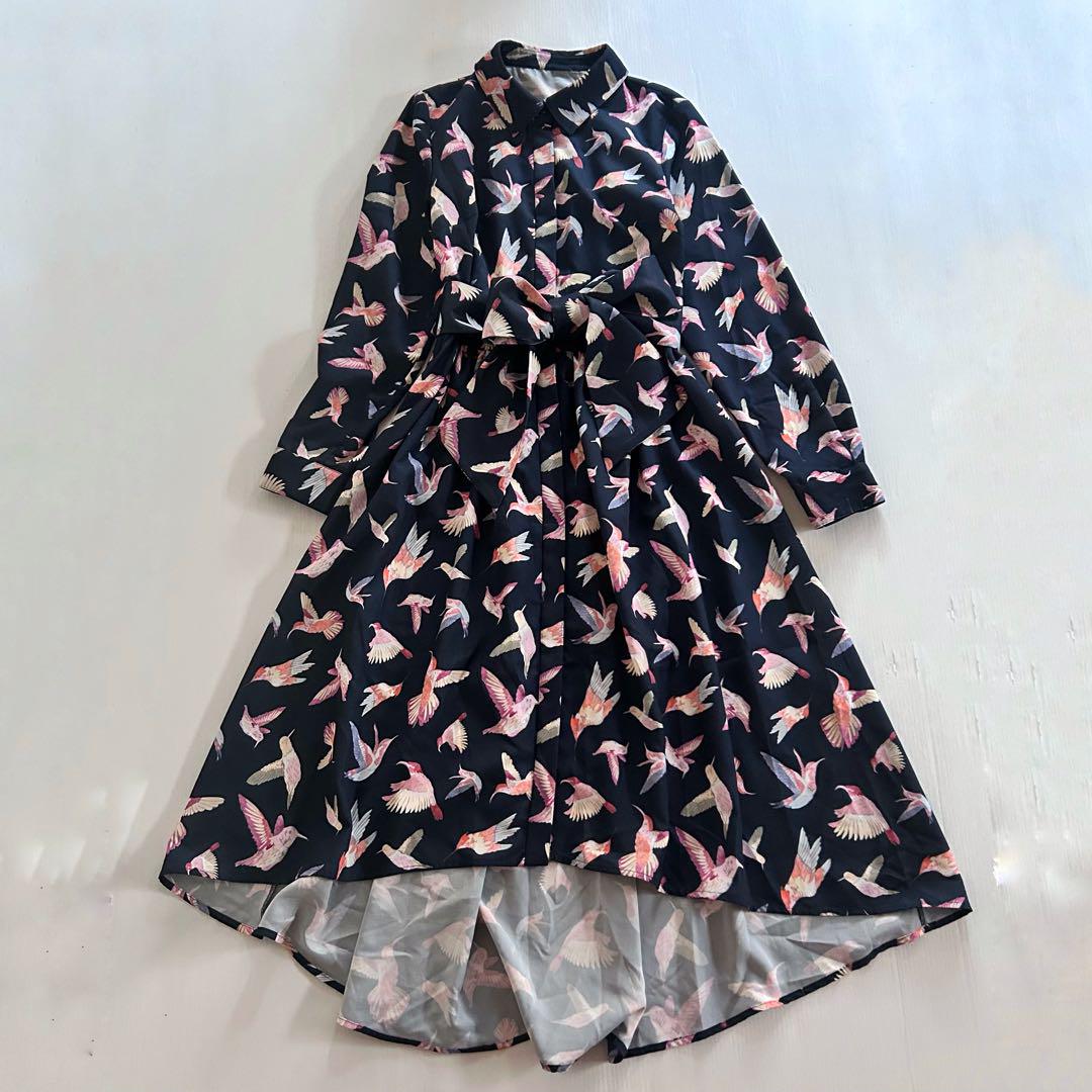 ヴァージニア　鳥柄　ロング　シャツ　ワンピース　腰リボン　紺　長袖