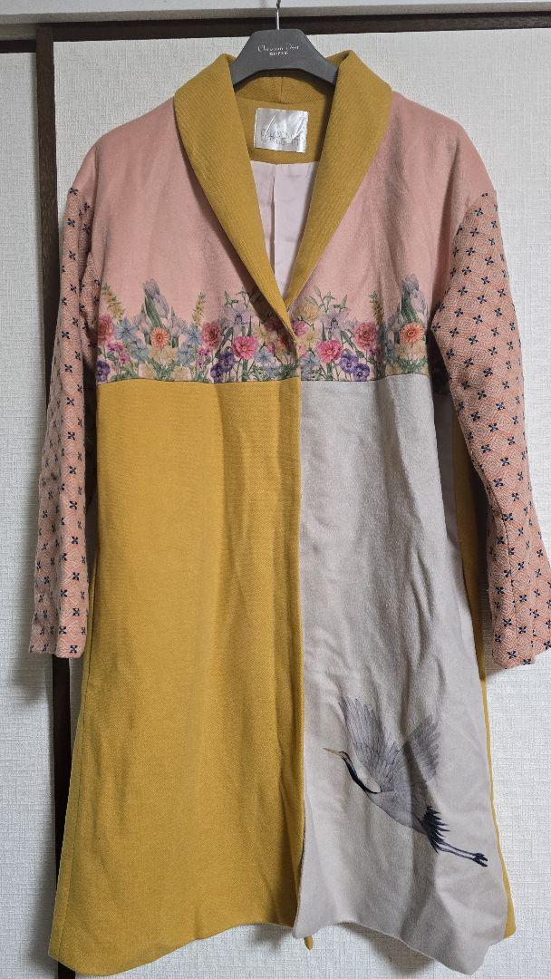 鶴の花柄刺繍 ロングコート マルチカラー 鶴の花柄刺繍 ロングコート マルチカラー