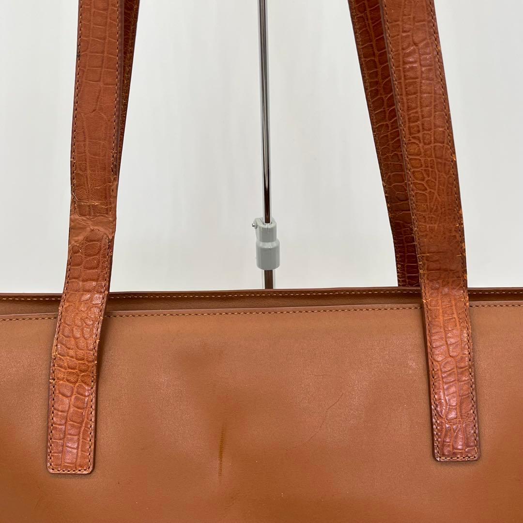 CELINE トートバッグ 肩掛け ロゴ金具 クロコ型押し レザー ブラウン