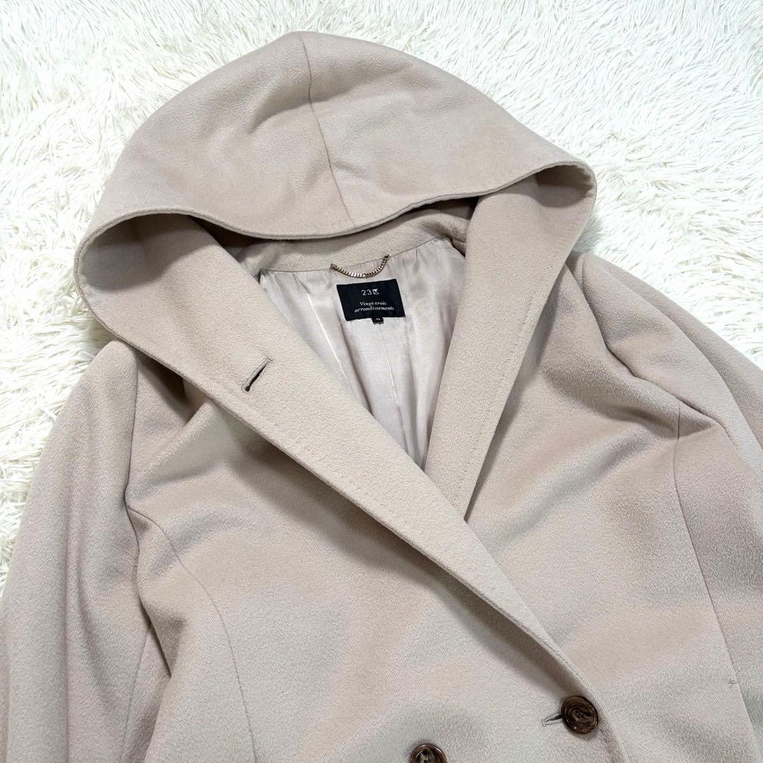 23区 ウール アンゴラ ビーバー フード ロングコート女優襟 グレージュ 46 23区 ウール アンゴラ ビーバー フード ロングコート女優襟 グレージュ