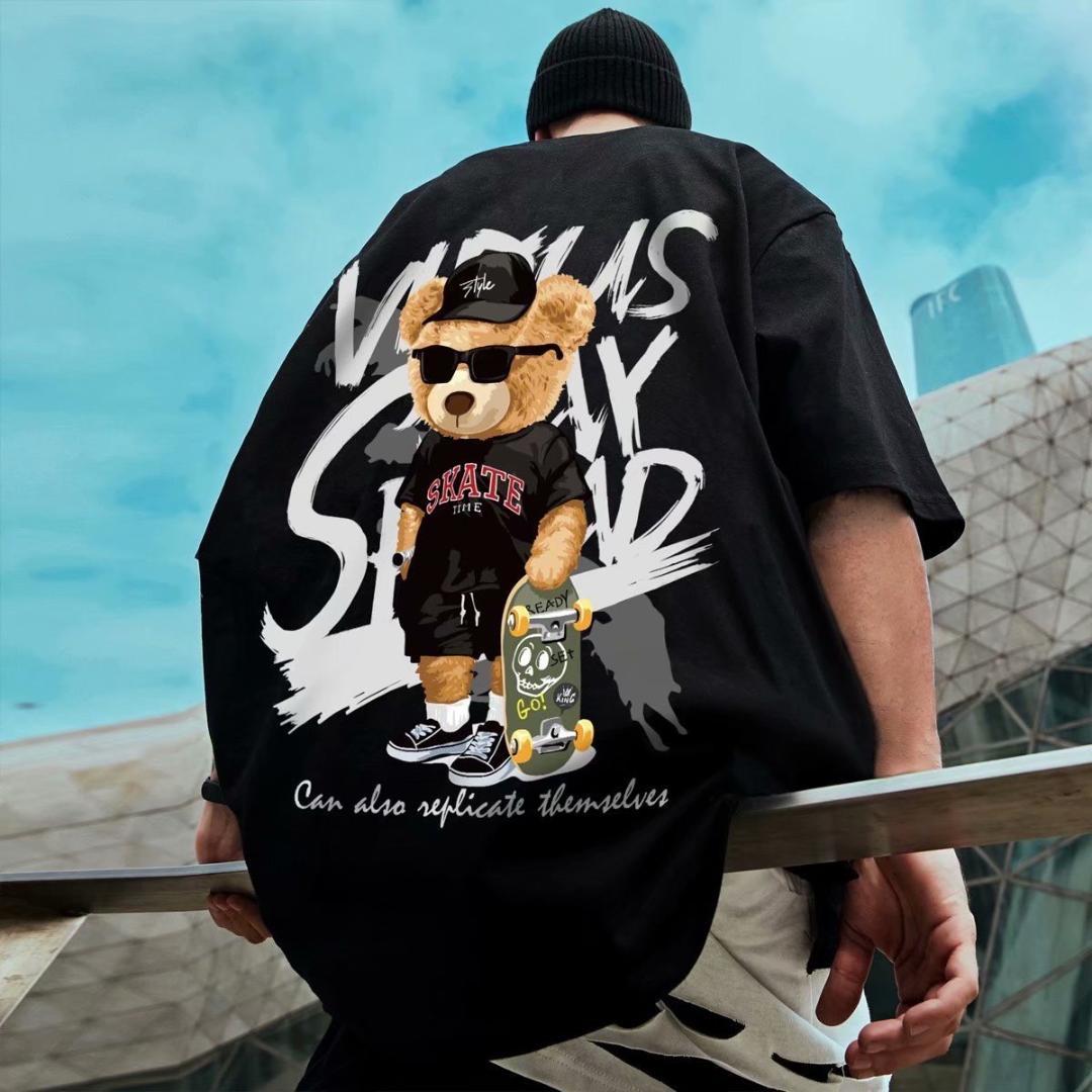 ビック　Ｔシャツ　ストリート　韓国　ヒップホップ　クマ　ブラック　プリント
