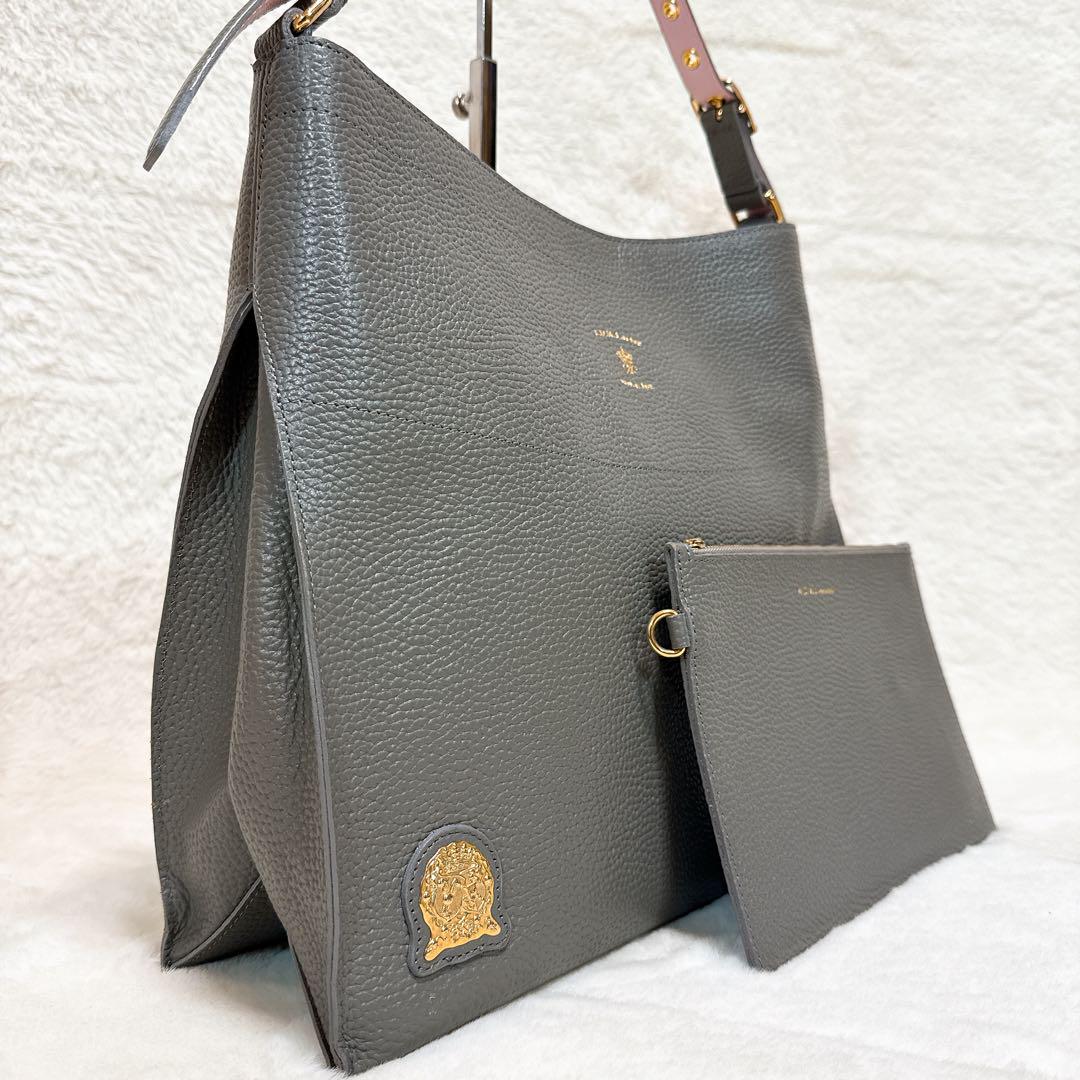 美品✨ ADMJ ワンショルダーバッグ A4可 シボ革 グレー ポーチ・GC付
