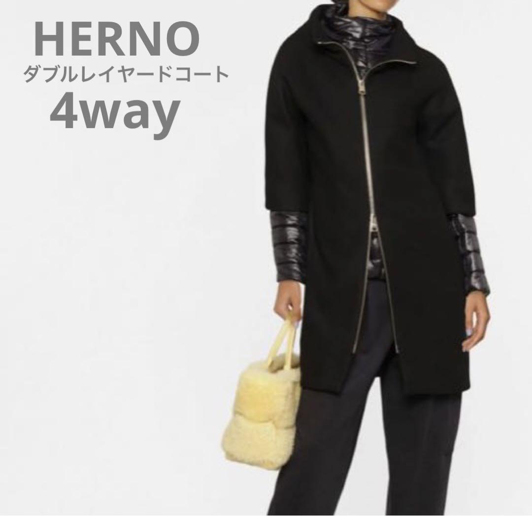 まぁ美品ヘルノHERNOダブルレイヤードコート4wayロゴプレート付38ブラック