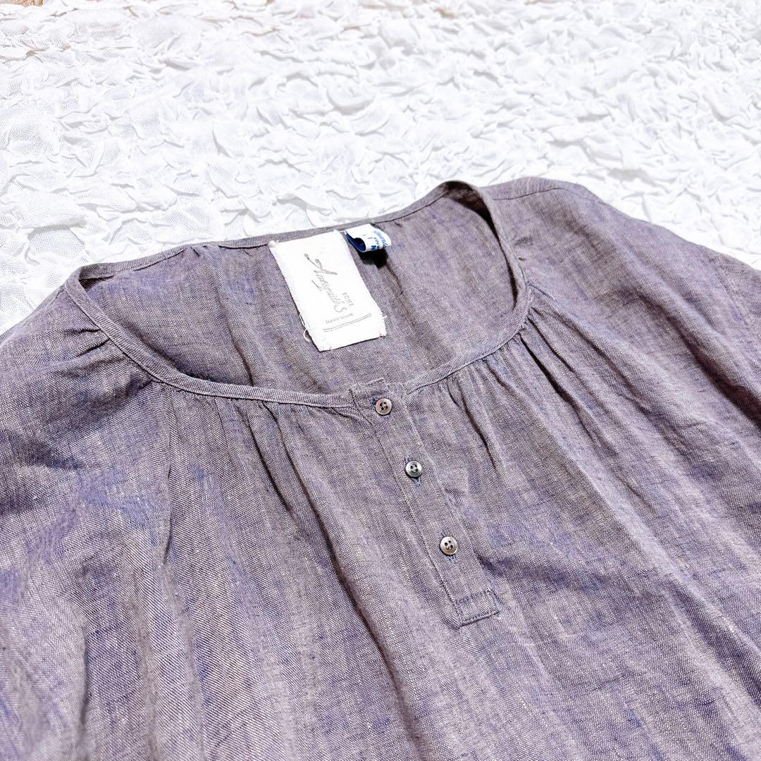 【美品】イチアンテークス カラーリネンワンピース ライトグリーン リネン100 イチアンティークス リネン100% ロングワンピース 七分袖 LINAS