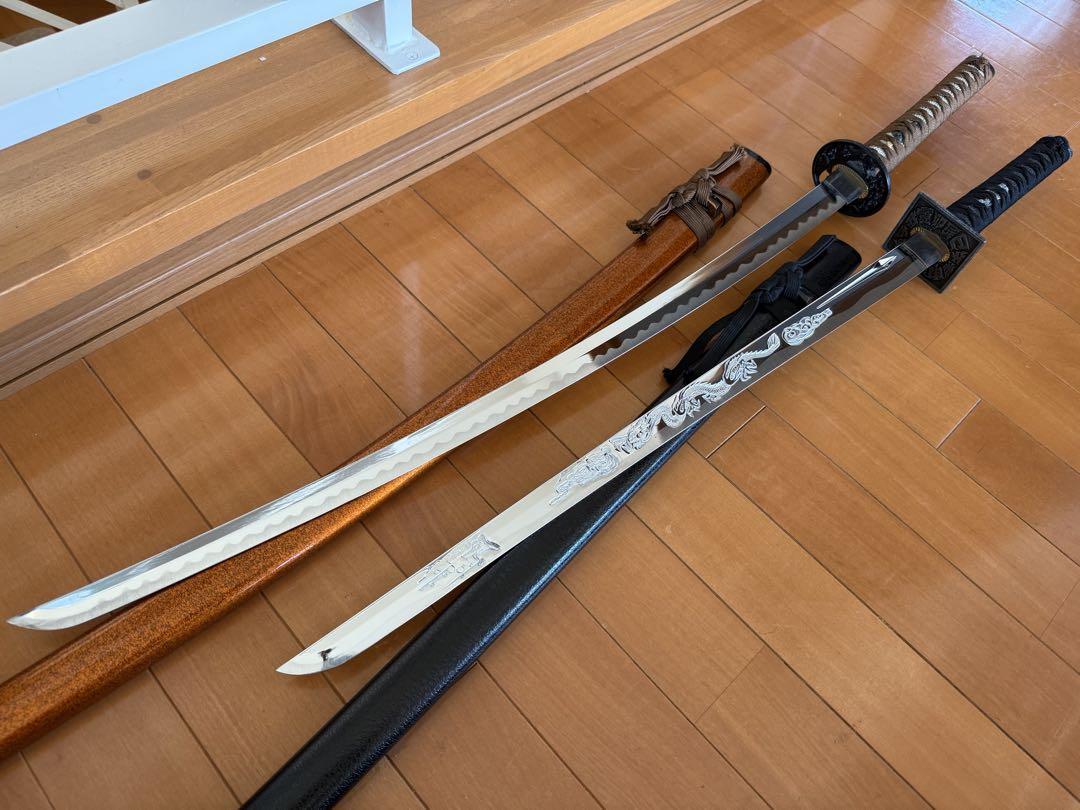 【模造刀】忍者刀 龍刀身 直刀 刀身に飛龍紋彫 拵入り太刀セット 日本刀 武具