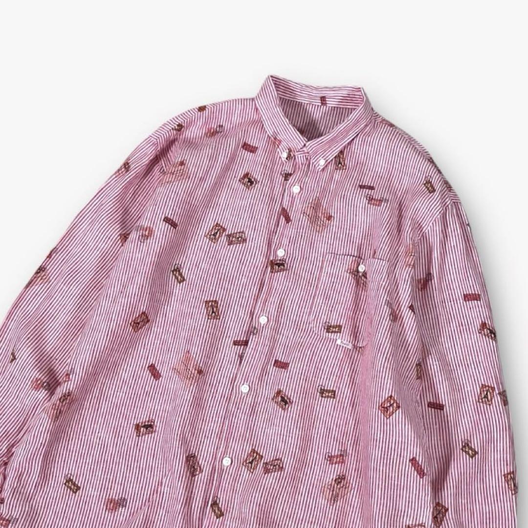 【美品】PAPAS/パパス　長袖シャツ　リネン100%　総柄プリント　LLサイズ