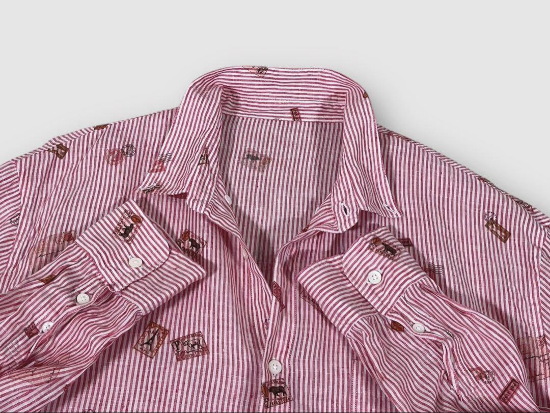 【美品】PAPAS/パパス　長袖シャツ　リネン100%　総柄プリント　LLサイズ