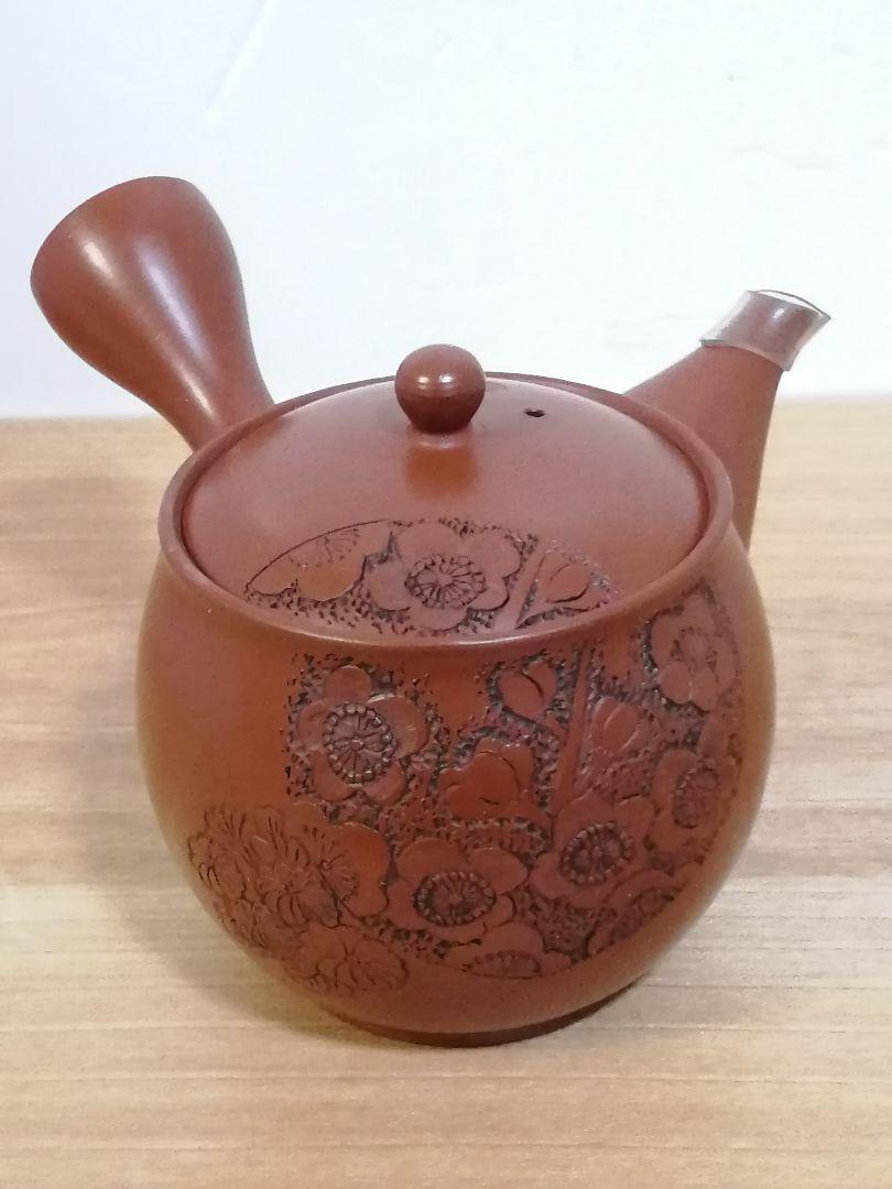 朱泥急須 常滑焼 拓春 製 さくら文彫 煎茶道具