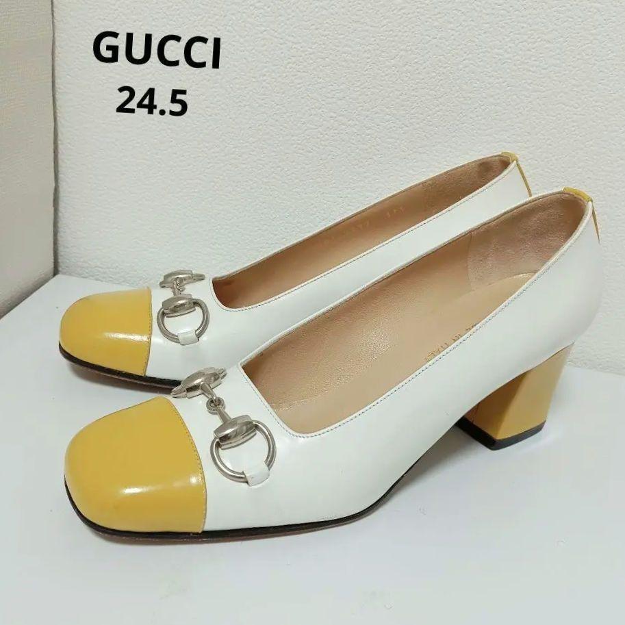 【在庫限り】 グッチ GUCCI 美品 パンプス ホワイト/イエロー 24.5 中ヒール 靴