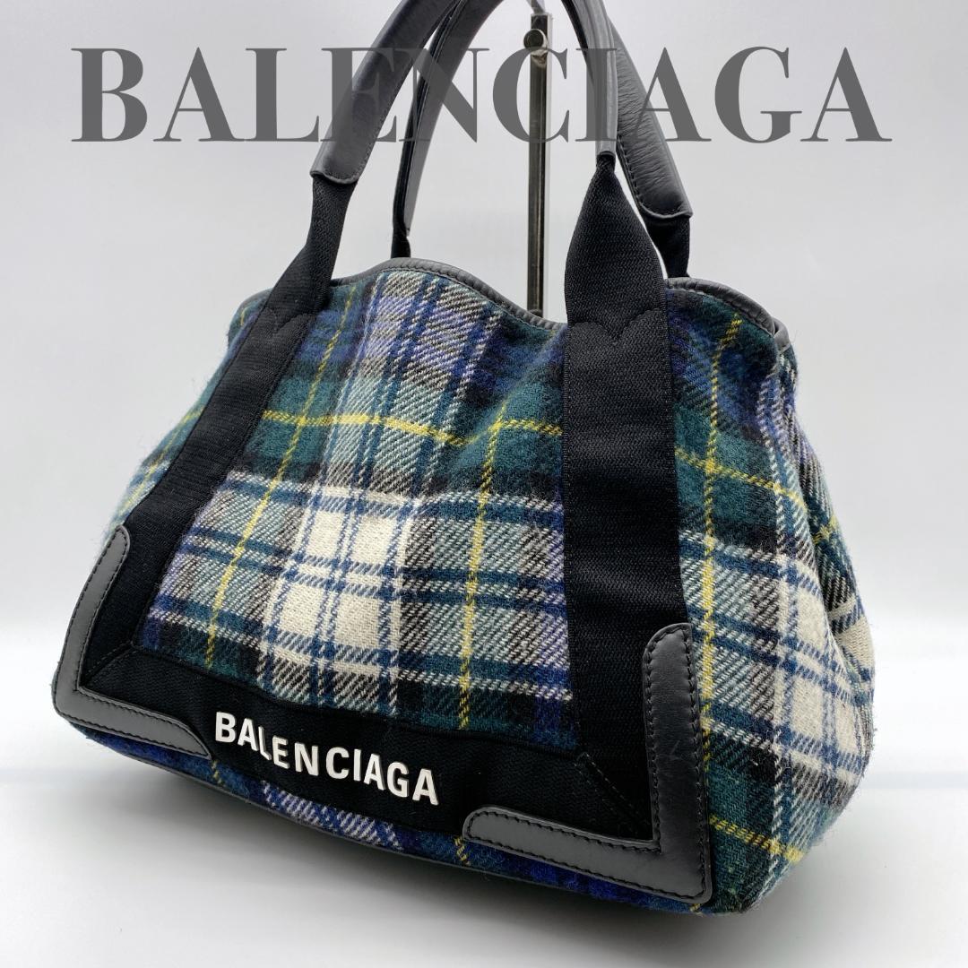 美品 バレンシアガ ネイビーカバス S チェック ハンドバッグ トートバッグ