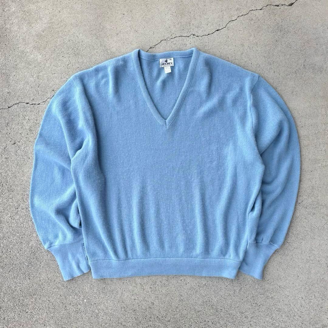 90s ヴィンテージ古着 vネック アクリルニット 水色 ブルー XLXL LL JOCKEY