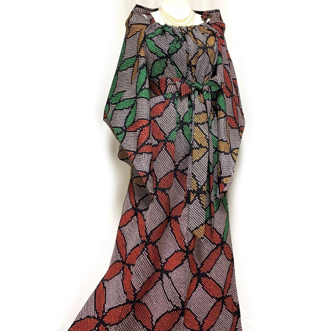 上質 正絹 着物リメイク 総絞り訪問着ドレス ボレロショールのセット 350FREE SIZE