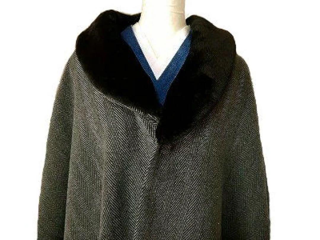 防寒コート ポンチョ ファー付き ケープ 和洋兼用 フリー チャコールグレー系