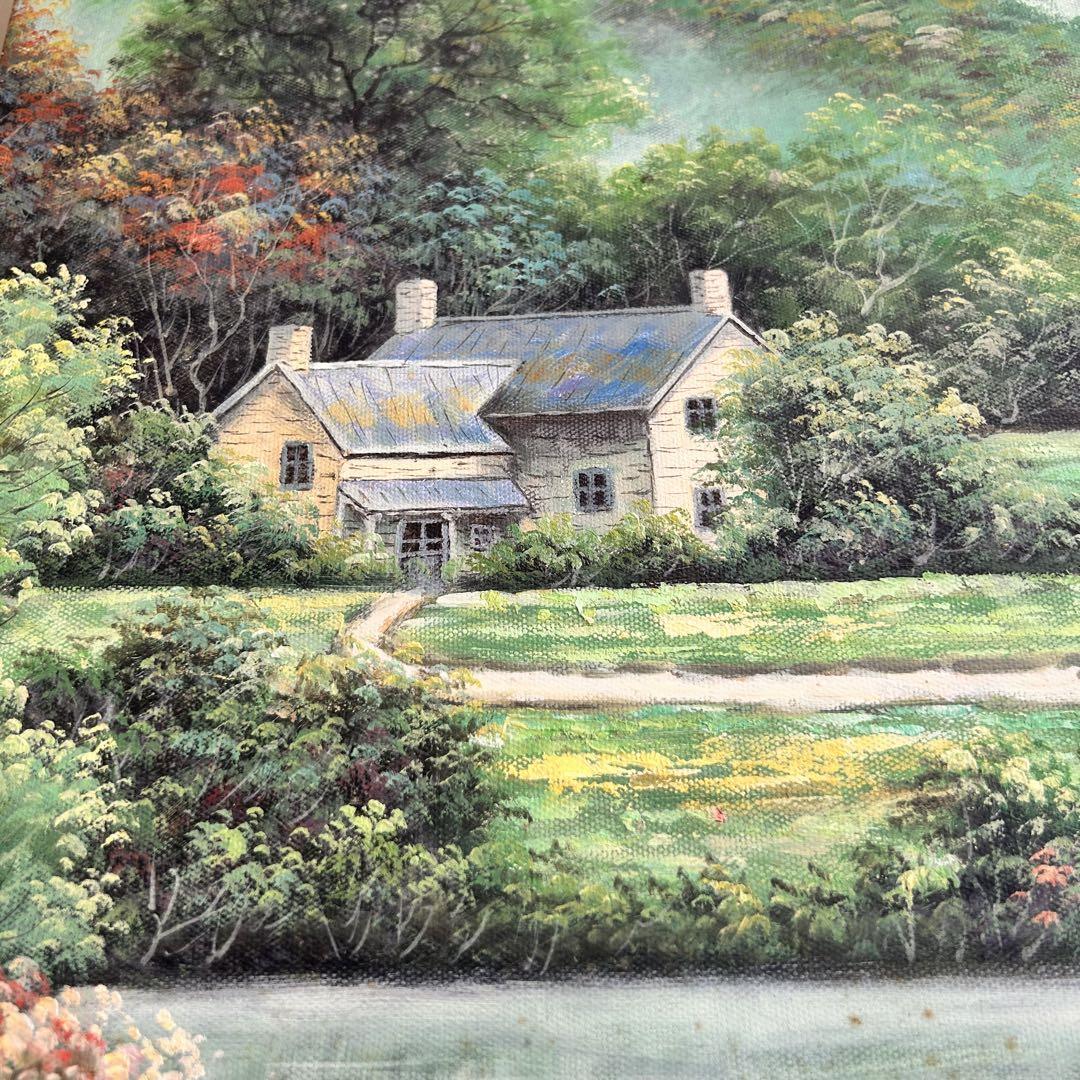 「田舎家風景」油彩 P6 額装サイン有 油彩画 油絵 真作 h.yamada 風景画 P6号 田舎風景 茅葺き屋根 古