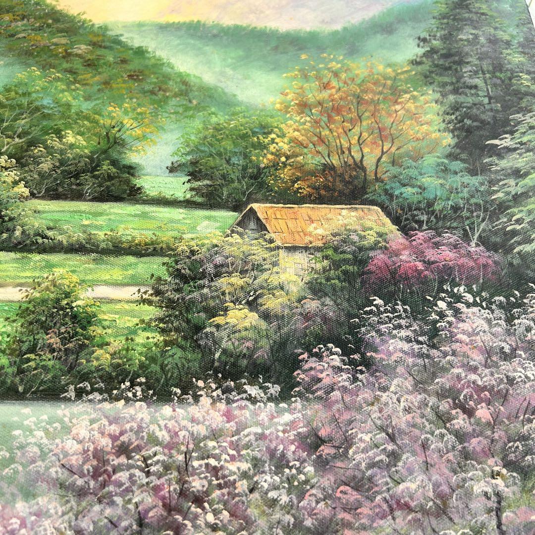 「田舎家風景」油彩 P6 額装サイン有 油彩画 油絵 真作 h.yamada 風景画 P6号 田舎風景 茅葺き屋根 古