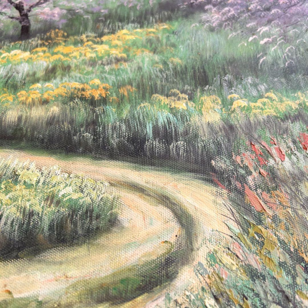 スペインで購入 風景画 油彩 田舎の家と花 61×51cm サイン入り