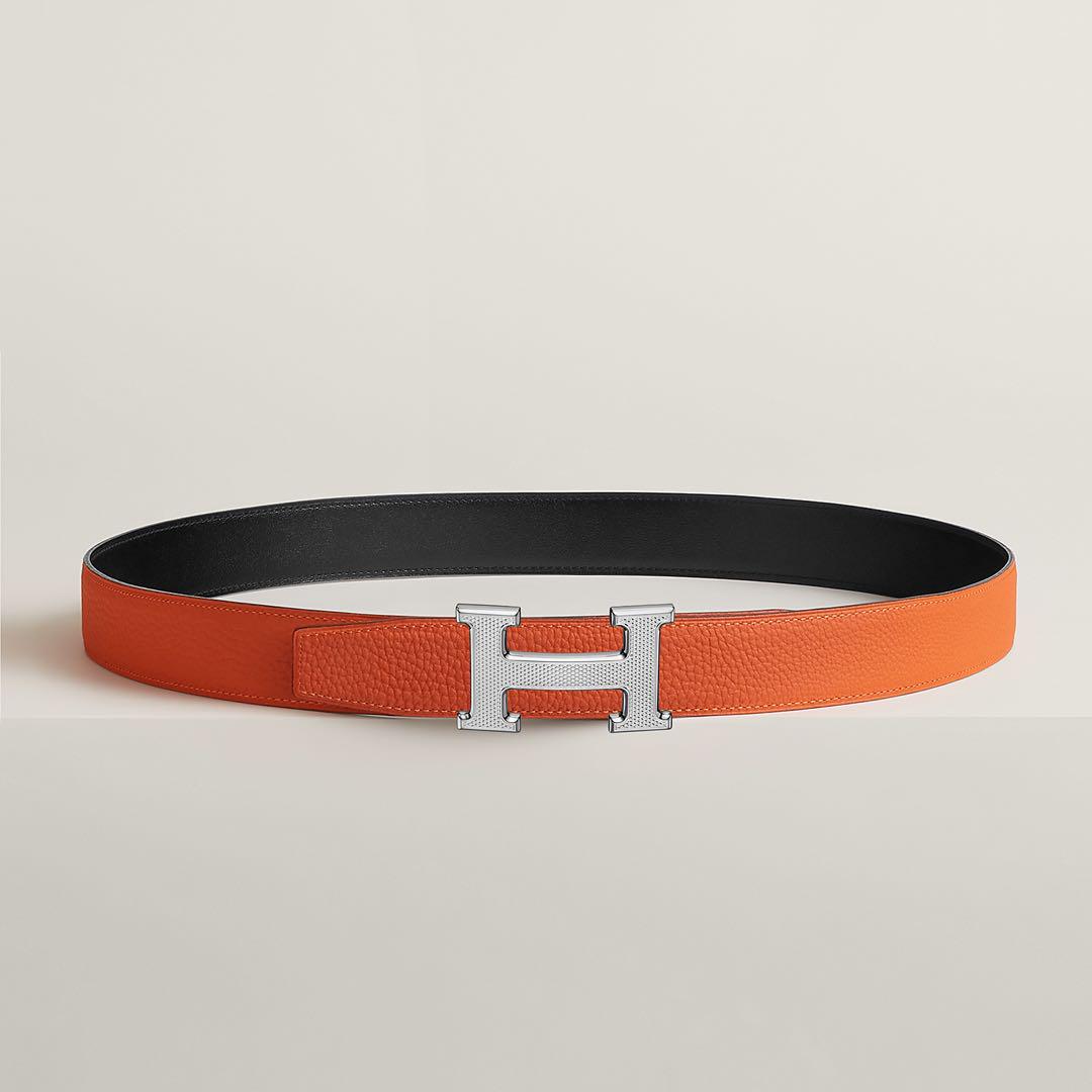 HERMES レザーベルト オレンジ/ブラック ベルトバックル 《H